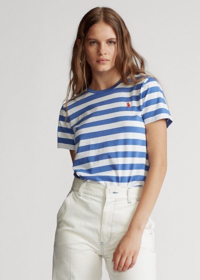 Playeras Polo Ralph Lauren Mujer Blancos / Azules - Striped Cotton Jersey - RJQLV4561